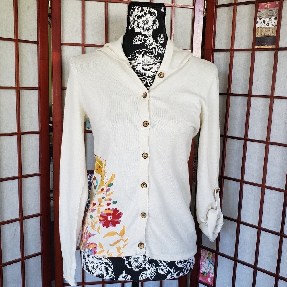 Moth button down hoodie lightweight beige and printed woman sweater size S